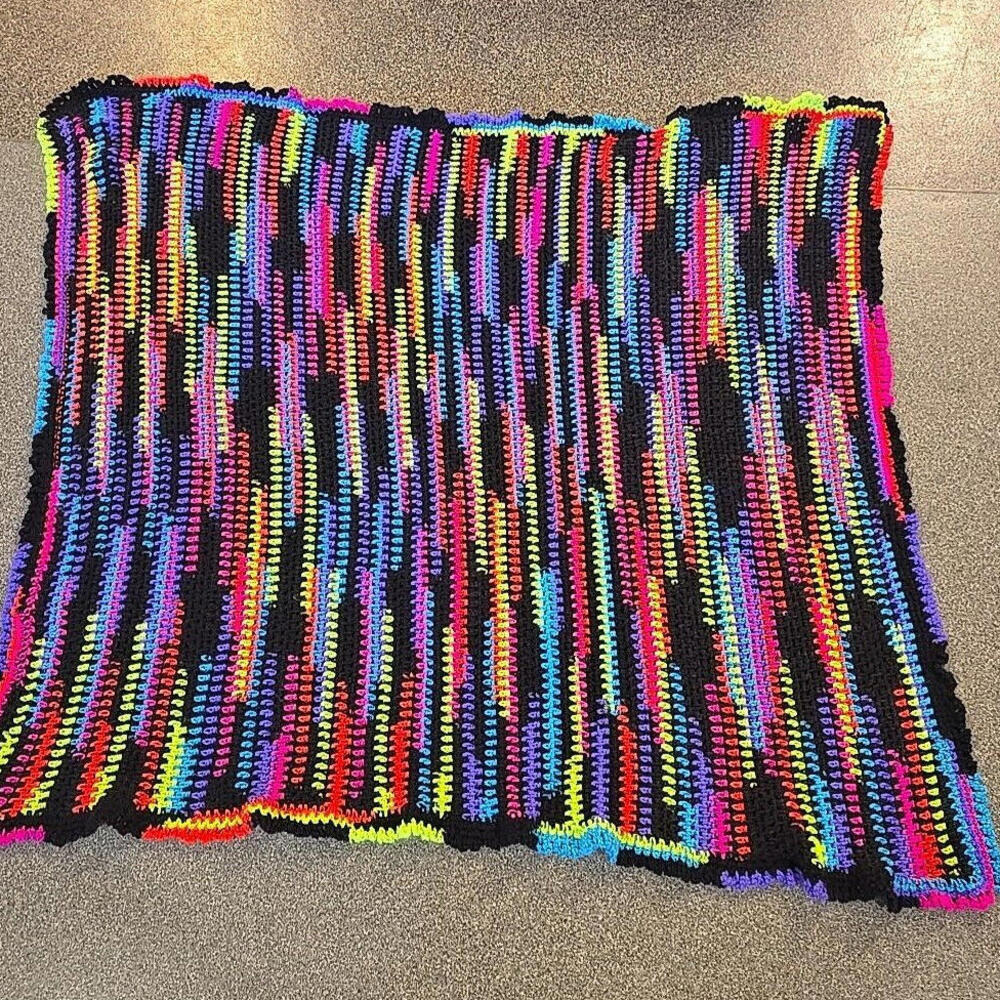 Handmade Afghan Neon Stripe Boho 80's Crochet Blanket, 55" X 49" - Picture 2 of 9